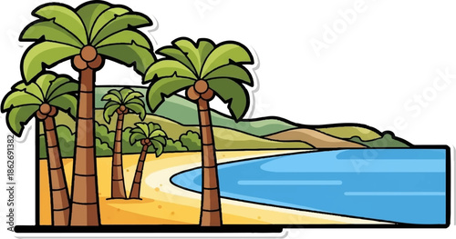 Cartoon tropical beach scene with palm trees, sandy shore, blue sea, and green hills in the background