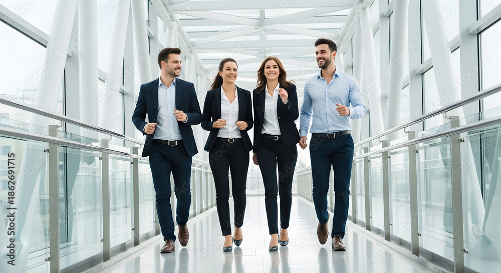 Fototapeta premium Four business professionals walking quickly in a modern glass of