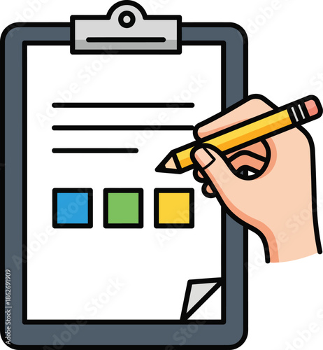 Cartoon hand with a yellow pencil marking a colorful checkbox on a clipboard survey form.