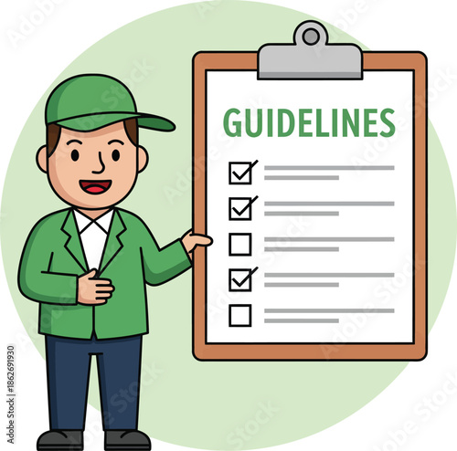 Cartoon man in a green uniform and cap presenting a clipboard with a guidelines checklist.