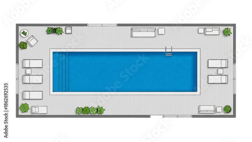 Modern rooftop swimming pool with lounge chairs and greenery, aerial view