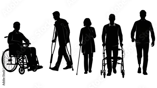 People with diverse mobility needs using various assistive devices for support and independence