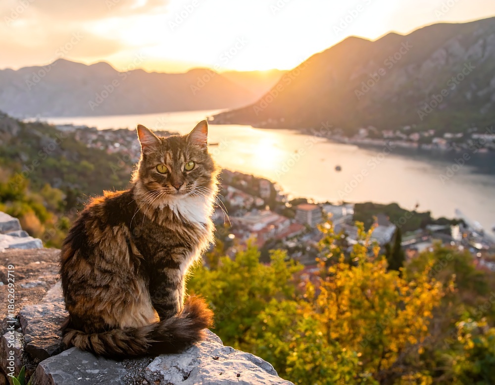 Obraz premium A fluffy cat sits overlooking a bay with a town and distant mountains at sunset