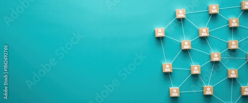 Network of connected people icons on a teal background representing teamwork
