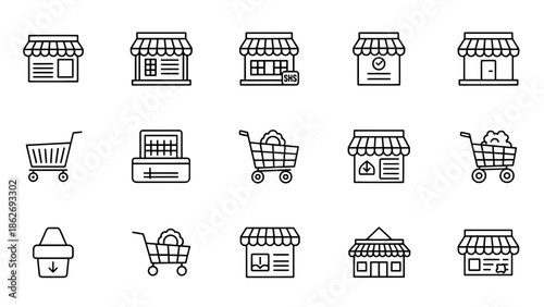 A set of simple, minimalist line art icons depict shops, carts, and shopping baskets on a white background, representing retail