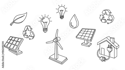 Black and white illustration depicting eco-friendly elements. Includes solar panels, wind turbine, leaf, light bulbs, water drop, and recycling symbol