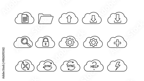 A set of simple line art icons depicting cloud-based concepts like file storage, uploading, downloading, and settings