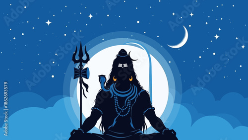 Vector illustration of Shiva sitting in meditation against a moonlit night sky with a trident