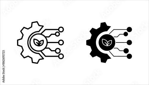 Eco Technology and Green Process Line Icon set. Minimal line icon combining gear, leaf, and digital nodes symbolizing eco technology, sustainable process, and green innovation. 