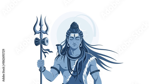 Vector illustration of Shiva holding a trident with a serene expression against a circular background