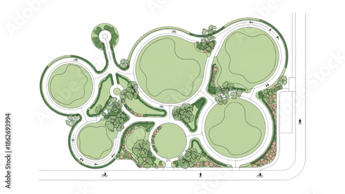 Architectural plan of a modern urban park, showcasing interconnected green spaces, diverse planting, and pathways