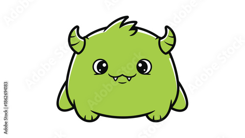 Cute Green Monster with Horns and Big Eyes Illustration.