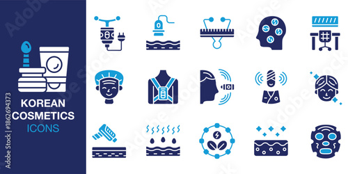 Korean Cosmetics Icon set. Containing bbcream, foundation, serum, essence, toner and more. Solid vector icons collection. Vector illustration.