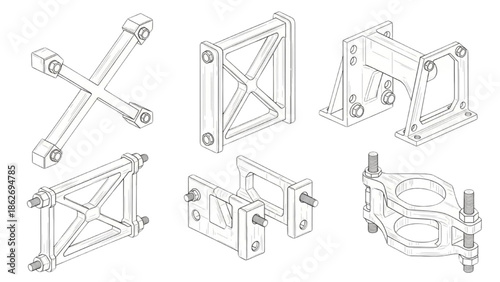 Collection of various metal brackets and fasteners for industrial and engineering applications