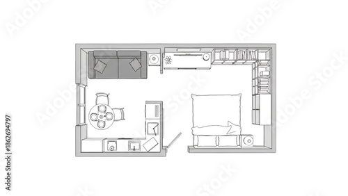 Modern Studio Apartment Floor Plan With Kitchenette, Dining Area, And Bedroom