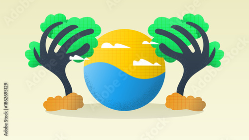 Eco Friendly Nature Illustration Concept, with Tree Shaped Hands Protecting the Earth, with Orange Sky and Blue Ocean Waves