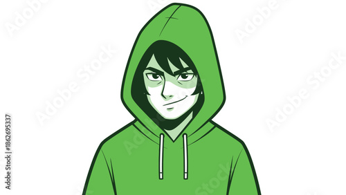 Smirking man in green hoodie with a mischievous expression.