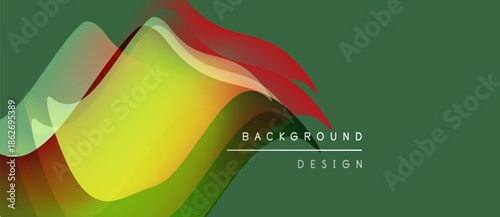 Abstract fluid shapes overlap, creating vibrant color gradients. Green dominates background, with red, yellow highlights. Modern design element.