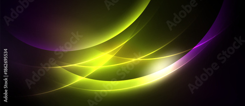 Abstract design features flowing curves, vibrant colors. Yellow, purple hues blend against dark background. Smooth gradients create dynamic visual effect.