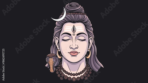 Vector illustration of Shiva with a serene expression and traditional accessories on a black background