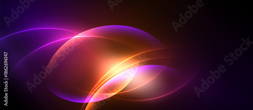 Abstract vibrant light shapes overlap, creating glowing curves. Colors transition from purple to orange, set against dark background.