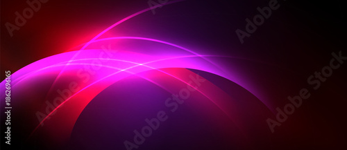 Abstract composition features vibrant curves, gradients. Pink, purple hues dominate dark background. Dynamic energy radiates from central point.