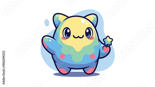 Cute Pastel Monster Holding a Star Cartoon Illustration.