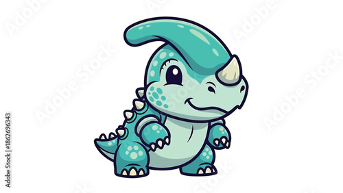 Charming Cartoon Parasaurolophus Dinosaur with Big Eyes and Cute Smile.