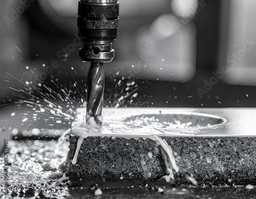 Close-up of a metal drilling process, emphasizing the cutting action and fluid spray