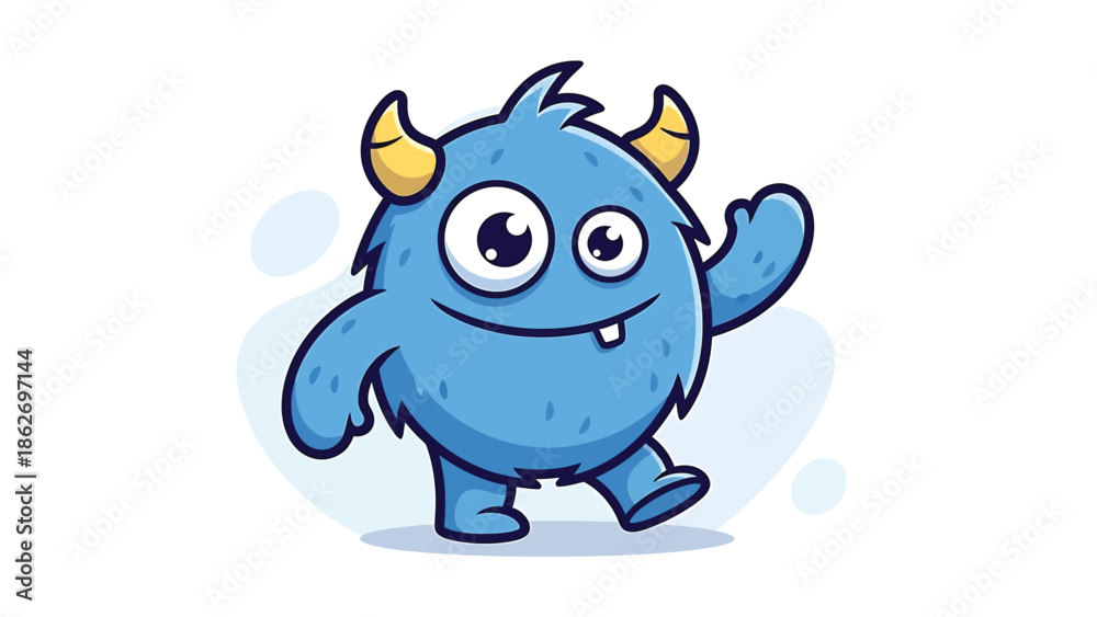 Fototapeta premium Cute Blue Monster Cartoon Character Waving Hand Illustration.