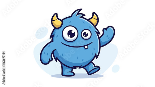Cute Blue Monster Cartoon Character Waving Hand Illustration.