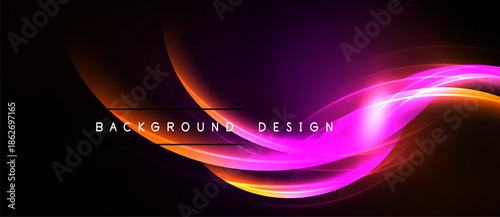 Abstract vibrant lines create dynamic flow. Purple, orange hues dominate black background. Text reads background design. Modern visual element.