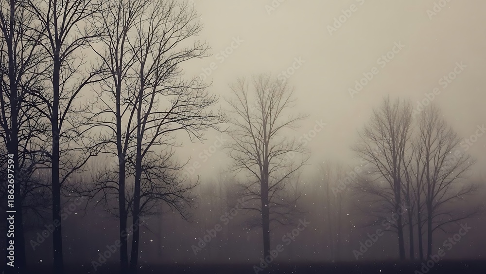 Obraz premium Bare trees in foggy landscape with falling snow winter