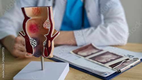 Photos Doctor with model of human rectal anatomy and hemorrhoids in hospital