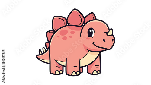 Cute Pink Stegosaurus Cartoon Character with Plates and Horn.