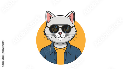 Cartoon Cat with Sunglasses and Denim Jacket Illustration.