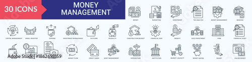 Money Management Icon Pack Illustration Vector with money, budgeting, investment, tax analysis, money management, banking, capital management, angel investor, expense, investment management, outcome, 
