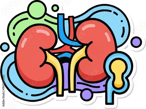 Colorful cartoon illustration of human kidneys, adrenal glands, and associated vessels in a whimsical style
