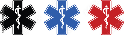 Star of life medical symbols in black, blue, and red