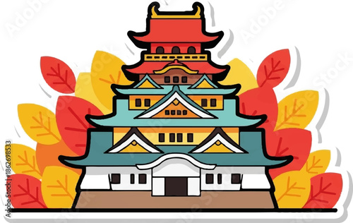 Colorful cartoon-style illustration of a tiered Asian pagoda castle with autumnal leaves in the background