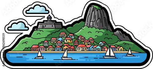 Colorful coastal town illustration with houses, a fort on a hill, a towering mountain, and sailboats on blue water