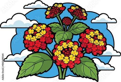 Colorful flowering plant illustration featuring red and yellow blooms, green leaves, blue sky, white clouds