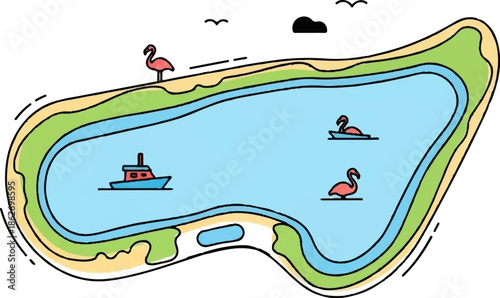 Colorful island illustration with a lake, boat, flamingos, and birds under a blue sky