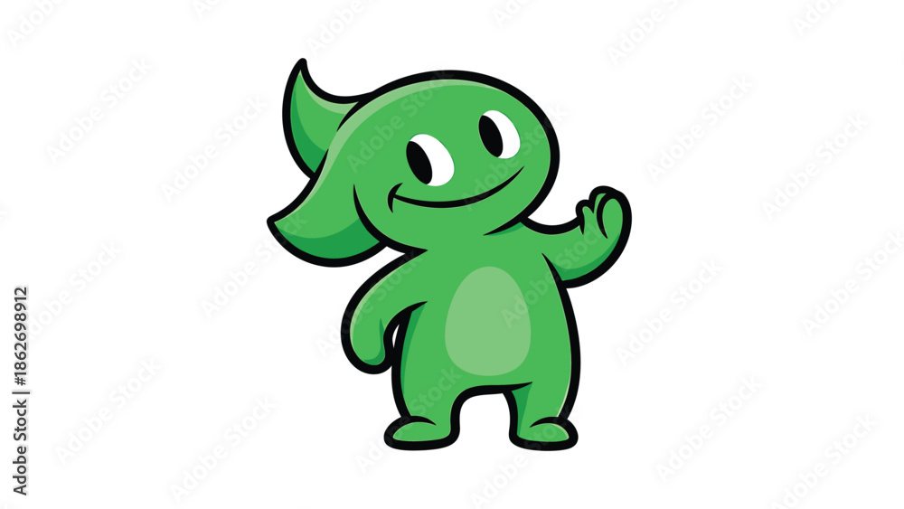 Obraz premium Friendly Green Cartoon Character Waving Hello with a Cheerful Smile.