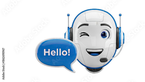 Friendly robot with headset saying Hello