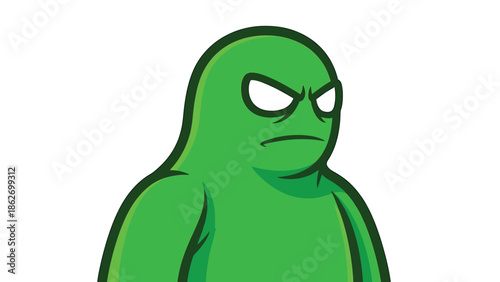 Angry Green Blob Character with Intense Gaze.