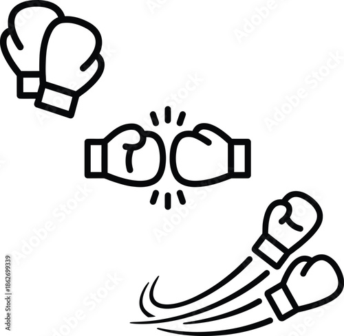 A collection of boxing glove icons depicting different actions like resting, impact, and punching motion