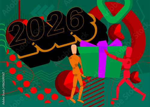 Wooden puppet holding a giftbox with an 2026 text geometrical graphic retro theme background. Minimal geometric elements. Vintage abstract shapes vector illustration.