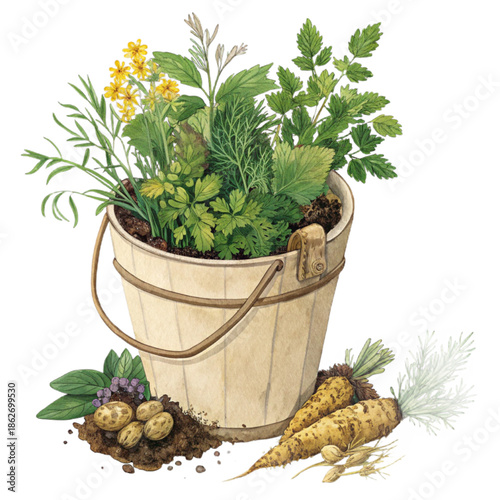 A ceramic bucket filled with a variety of fresh herbs and roots, perfect for cooking and wellness enthusiasts.