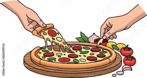 Hands taking a cheesy pizza slice and dipping a fry into sauce, surrounded by fresh ingredients